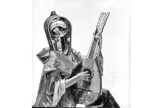 An illustration of a human body playing a mandolin with a gauge or clock as a head. 