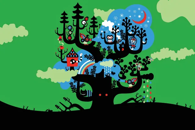 A black illustrated whimsical tree with multiple branches, each holding different creatures, like birds, owls, butterflies, and worms set in front of a green sky. 