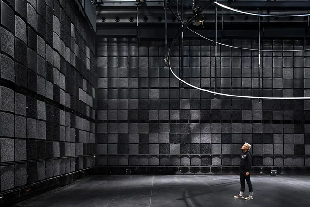 A man in a room full of black acoustic tiles with a rigging apparatus hanging above.  