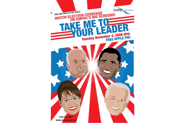 Illustrated patriotic flyer with carton renderings of John McCairn, Barak Obama, Sarah Palin, and Joe Biden on a back ground of Stars and Stripes. The title in blue block font reads "Take Me to Your Leader". 
