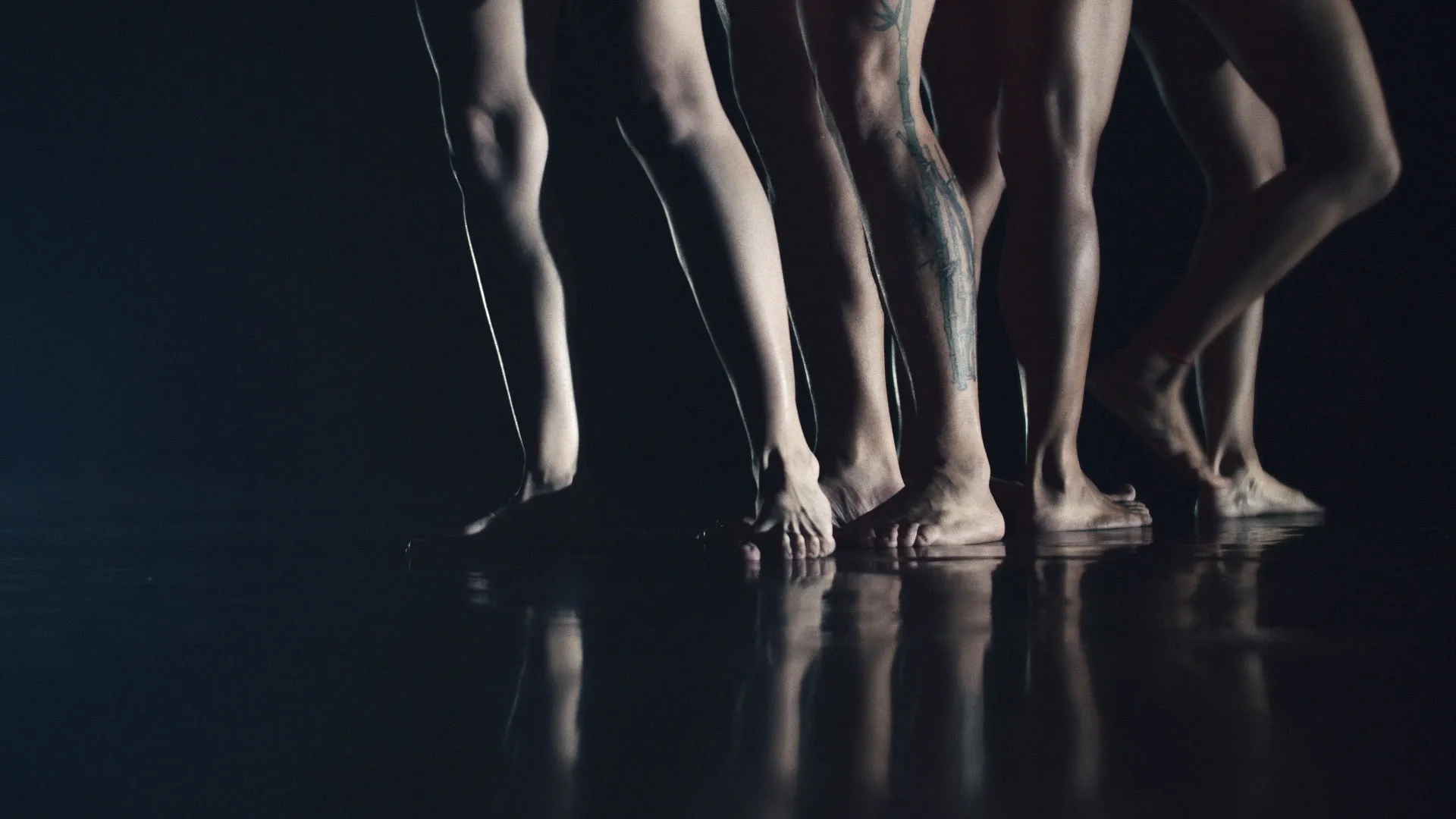 four pairs of legs on a black stage. 