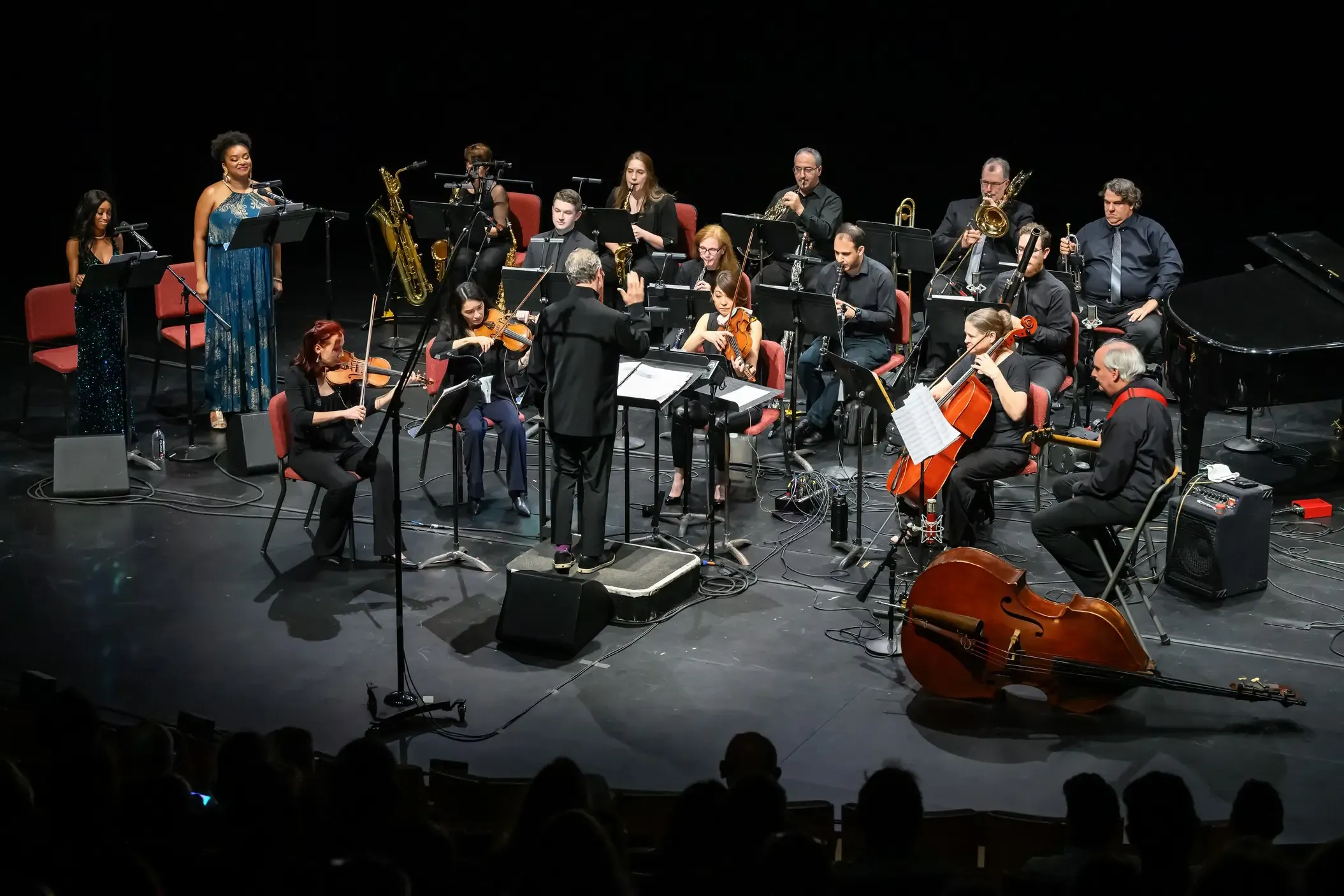 a small group of musicians on stage in the empac theatre in 2023 with two lady soloists. Dogs of Desire.