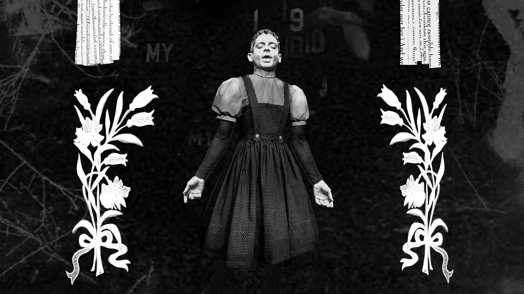 a black and white collage of a man in a gingham dress with cutout flowers on each side