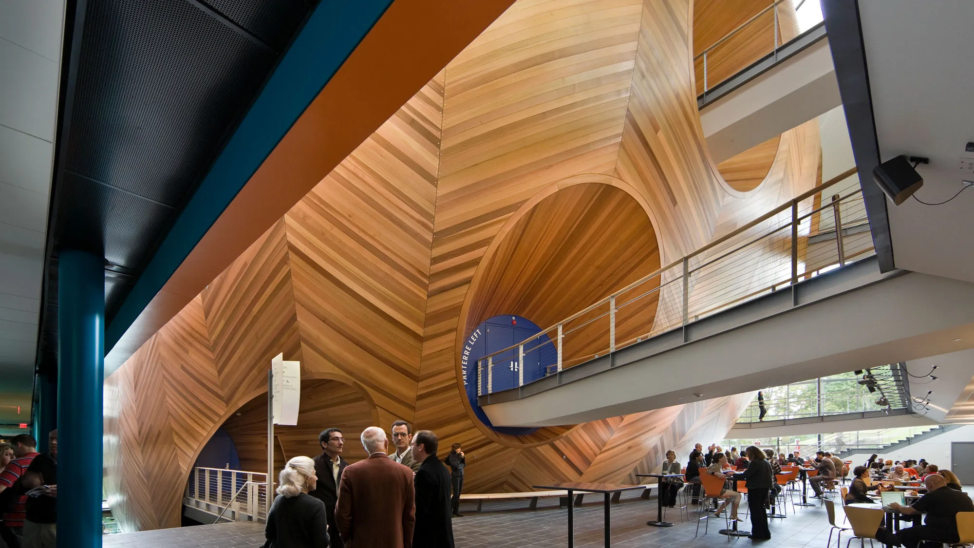 a cafe beneath the hull of a wood-clad egg-shaped concert hall bathed in natural light.