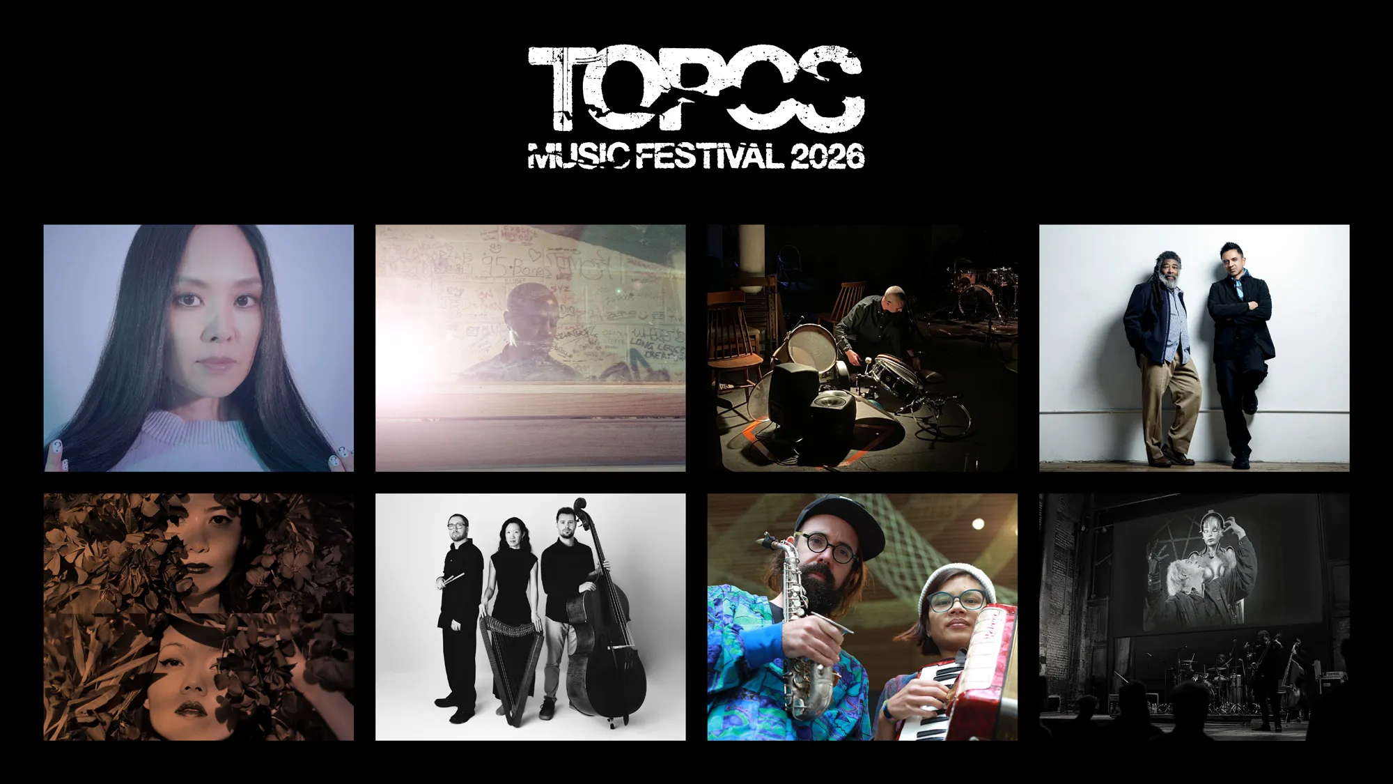 TOPOS music festival with a collage of artists