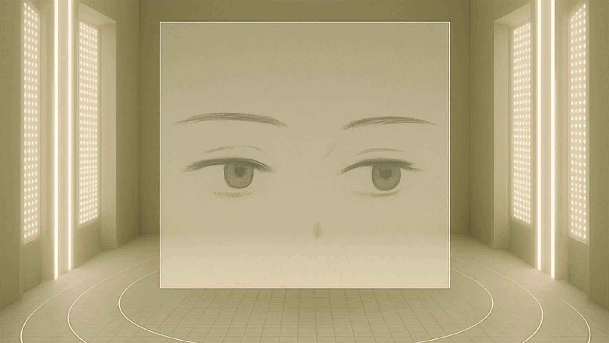 A central rectangular box with anime-inspired eyes in them floats in front of a gold yellow computer-drawn background.