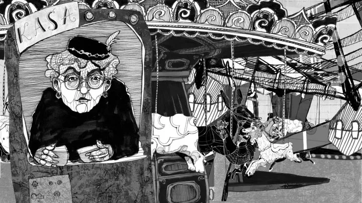 A black and white ink illustration of an older woman wearing a pill box hat and netting fascinator sitting in a game console at a carnival in front of a carousel.