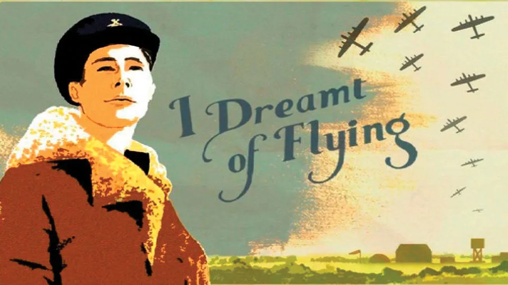 A vintage 1940s illustration of a pilot wearing a period bomber jacket and military hat next to text reading "I dream of flying" written across the blue sky and clouds.