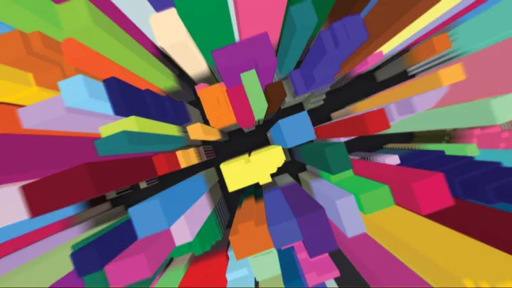 An abstract CGI image of long multicolored blocks. 