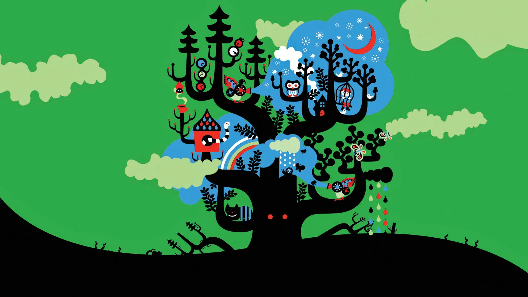 A black illustrated whimsical tree with multiple branches, each holding different creatures, like birds, owls, butterflies, and worms set in front of a green sky. 