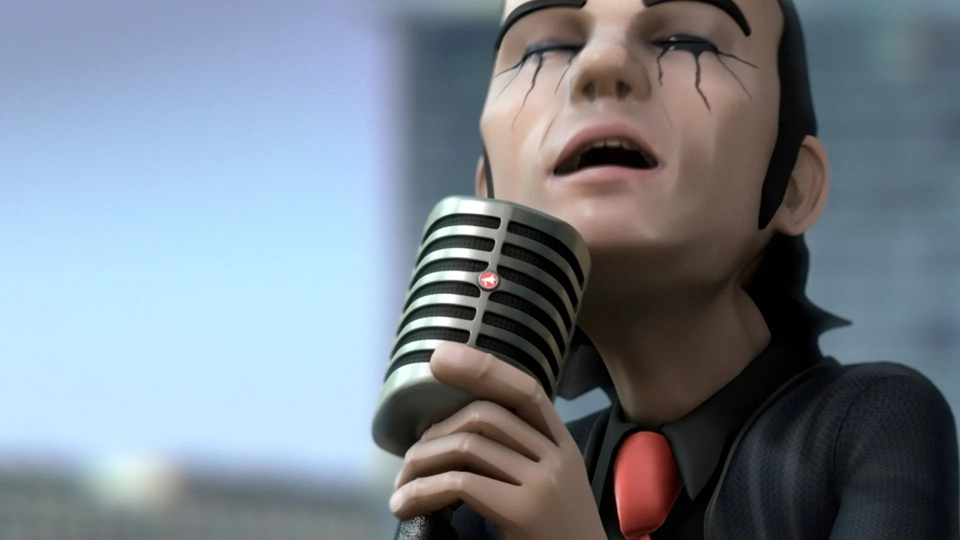 An animated image of a performer wearing dramatic black eyeliner, a black button up, and red tie, singing into a vintage style microphone.